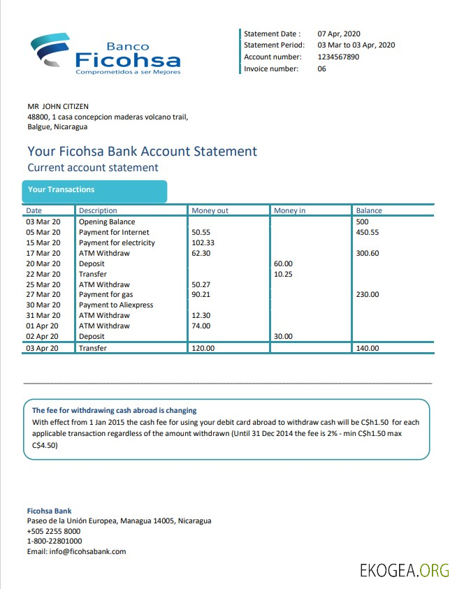 Relevé bancaire de la Banco Ficohsa du Nicaragua